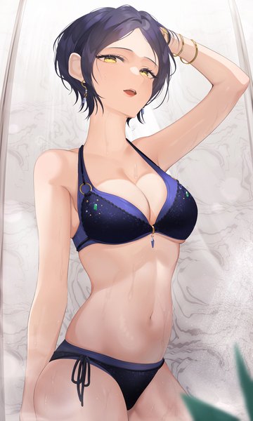 Anime picture 1380x2300 with idolmaster idolmaster cinderella girls hayami kanade koyo akio single tall image looking at viewer short hair breasts open mouth light erotic large breasts standing yellow eyes blue hair cleavage arm up teeth official alternate costume adjusting hair