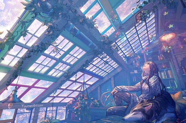 Anime picture 2048x1350 with original yuumei single long hair fringe highres brown hair sitting signed indoors looking up hand on knee girl plant (plants) animal window star (symbol) shelf potted plant bookshelf