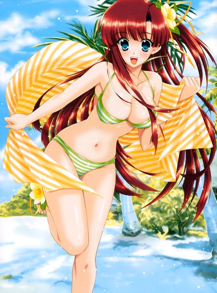 Anime picture 3270x4405 with original mario kaneda single tall image highres open mouth blue eyes light erotic absurdres red hair beach one side up girl swimsuit plant (plants) bikini tree (trees) palm tree striped bikini