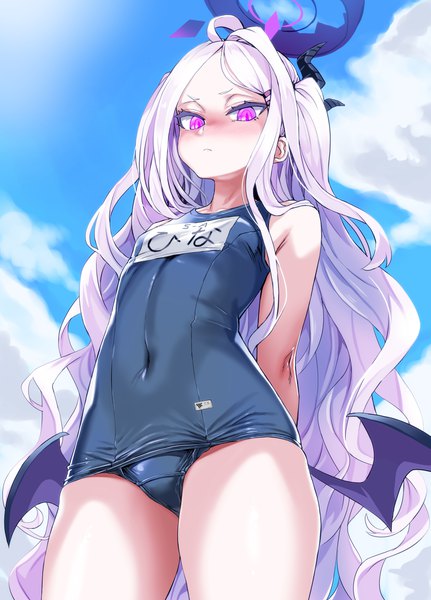 Anime picture 4000x5565 with blue archive hina (blue archive) hina (swimsuit) (blue archive) asanagi single tall image looking at viewer blush fringe highres light erotic standing absurdres sky cloud (clouds) outdoors white hair very long hair pink eyes horn (horns)