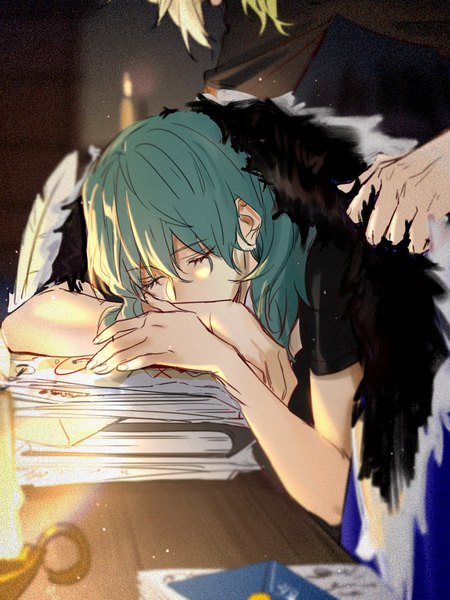 Anime picture 900x1200 with fire emblem fire emblem: three houses nintendo byleth (fire emblem) dimitri alexandre blaiddyd byleth (female) (fire emblem) enlightened byleth (female) rinv krs long hair tall image fringe hair between eyes upper body eyes closed green hair blurry fur trim light solo focus sleeping