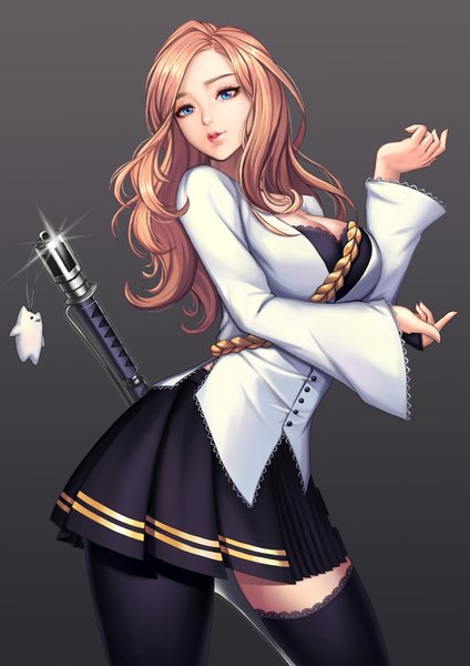 Anime picture 2480x3508 with mabinogi mabinogi heroes (game) arisha (mabinogi) sakuredream single long hair tall image looking at viewer highres blue eyes blonde hair grey background girl thighhighs skirt weapon black thighhighs sword