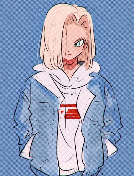 Anime picture 640x840 with dragon ball dragon ball z android 18 moricky single tall image fringe short hair blue eyes simple background blonde hair looking away upper body hair over one eye alternate costume blue background hands in pockets girl earrings hood