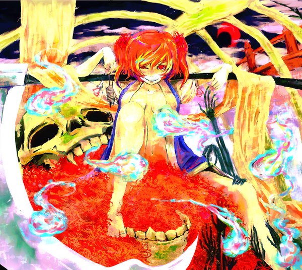 Anime picture 1400x1251 with touhou onozuka komachi ast (artist) single short hair breasts light erotic smile red eyes twintails barefoot orange hair open clothes cherry blossoms short twintails crescent skeleton girl skull scythe