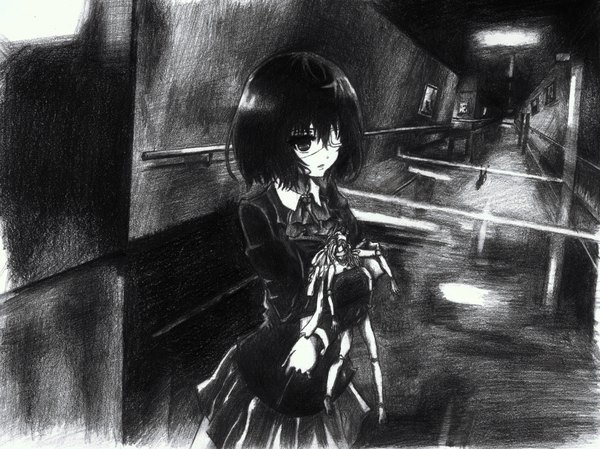 Anime picture 3196x2396 with another p.a. works misaki mei wodm single fringe highres short hair hair between eyes standing holding looking away absurdres indoors long sleeves parted lips hug monochrome traditional media graphite (medium)