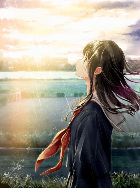 Anime picture 1080x1453 with original kazuharu kina single long hair tall image fringe black hair standing sky cloud (clouds) outdoors profile wind black eyes sunlight depth of field tears looking up rain crying