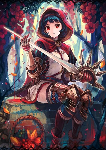 Anime picture 717x1012 with original matsumoto mitsuaki single tall image looking at viewer short hair red eyes sitting holding blue hair bloody weapon girl flower (flowers) ribbon (ribbons) weapon plant (plants) hair ribbon petals sword tree (trees)