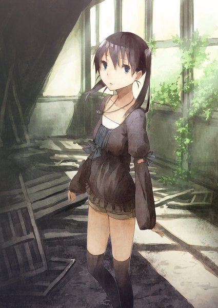 Anime picture 850x1200 with original nikuball single tall image looking at viewer fringe short hair blue eyes standing twintails purple hair sunlight :o shadow zettai ryouiki broken girl thighhighs bow black thighhighs