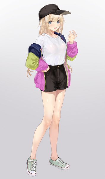 Anime picture 1180x2000 with paripi koumei tsukimi eiko mexif single long hair tall image looking at viewer open mouth blue eyes simple background blonde hair standing full body :d off shoulder grey background open jacket bare legs hand on hip girl