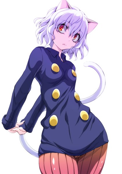 Anime picture 700x1000 with hunter x hunter neferupito watarui single tall image fringe short hair light erotic simple background hair between eyes red eyes standing white background animal ears looking away white hair tail head tilt animal tail cat ears