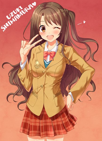 Anime picture 900x1247 with idolmaster idolmaster cinderella girls shimamura uzuki tsuru ringo single long hair tall image looking at viewer blush open mouth brown hair brown eyes one eye closed wink character names one side up gradient background victory hand in pocket girl