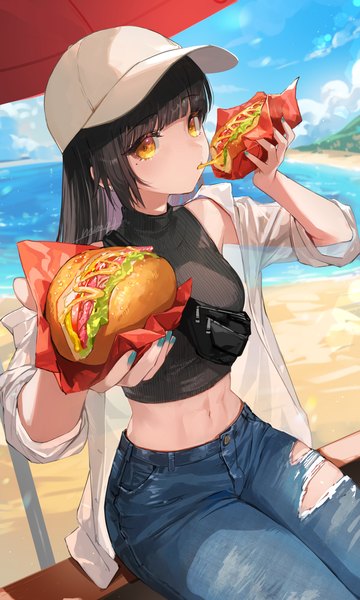Anime picture 987x1646 with original nima (niru54) single long hair tall image looking at viewer fringe black hair holding yellow eyes sky cloud (clouds) outdoors blunt bangs nail polish fingernails off shoulder mole arms up midriff