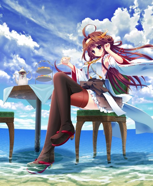 Anime picture 2022x2449 with kantai collection kongou battleship pon (ichi rin) single long hair tall image blush highres brown hair sitting purple eyes sky cloud (clouds) ahoge crossed legs nontraditional miko girl hair ornament detached sleeves boots