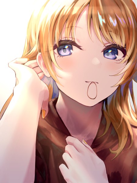 Anime picture 2048x2732 with idolmaster idolmaster shiny colors hachimiya meguru inumantle single long hair tall image blush highres blue eyes blonde hair holding looking away upper body mouth hold adjusting hair hair tie in mouth girl hair tie