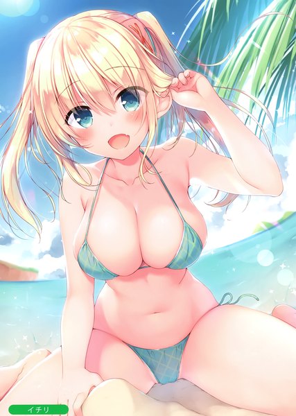 Anime picture 2105x2958 with melonbooks sazaki ichiri single long hair tall image looking at viewer blush fringe highres open mouth blue eyes light erotic blonde hair smile hair between eyes sitting twintails bare shoulders signed cleavage