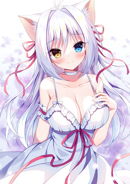 Anime picture 850x1200 with original aina rive mauve single long hair tall image looking at viewer blush fringe breasts light erotic smile hair between eyes large breasts animal ears cleavage silver hair ahoge cat ears sleeveless