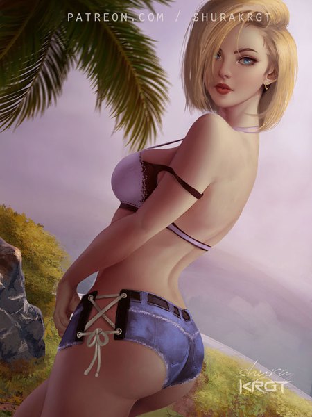 Anime picture 600x800 with dragon ball dragon ball z android 18 shurakrgt single tall image looking at viewer short hair breasts blue eyes light erotic blonde hair large breasts standing bare shoulders signed sky outdoors ass lips