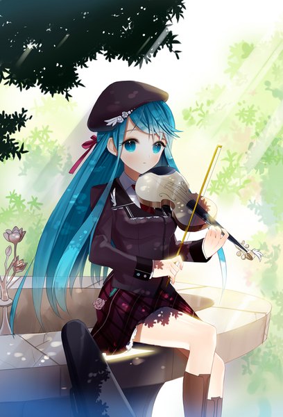 Anime picture 600x881 with original .. single long hair tall image looking at viewer blush fringe open mouth sitting holding bent knee (knees) outdoors long sleeves pleated skirt aqua eyes sunlight aqua hair :o shadow