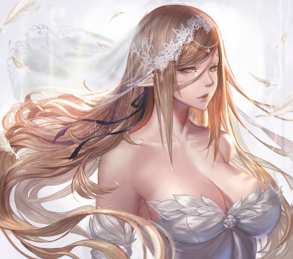 Anime picture 1200x1058 with kizumonogatari shaft (studio) monogatari (series) kissshot acerolaorion heartunderblade gtunver single breasts light erotic brown hair bare shoulders brown eyes looking away very long hair pointy ears girl dress feather (feathers) wedding dress strapless dress wedding veil