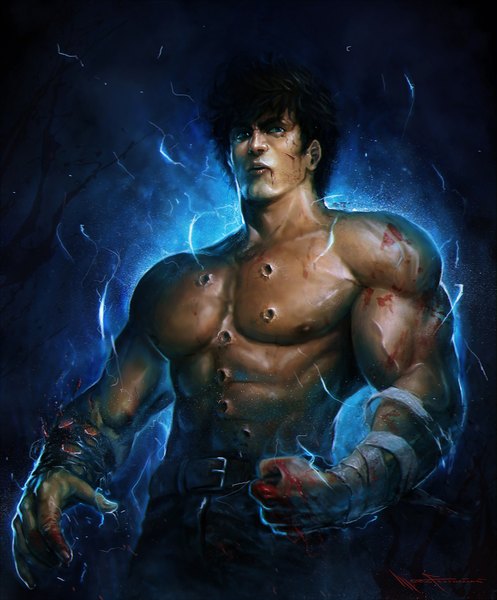 Anime picture 1959x2362 with hokuto no ken kenshiro marco ferracioni single tall image highres short hair blue eyes light erotic black hair signed looking away scar muscle aura boy belt blood bandage (bandages) jeans