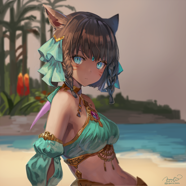 Аниме картинка 1200x1200 с последняя фантазия final fantasy xiv square enix miqo'te momoko (momopoco) один (одна) смотрит на зрителя чёлка короткие волосы грудь голубые глаза каштановые волосы голые плечи подписанный уши животного верхняя часть тела на улице коса (косы) традиционная одежда наклон головы