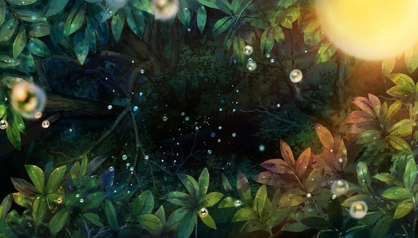 Anime picture 1028x585 with original alga (artist) wide image no people landscape nature plant (plants) tree (trees) water leaf (leaves) branch forest