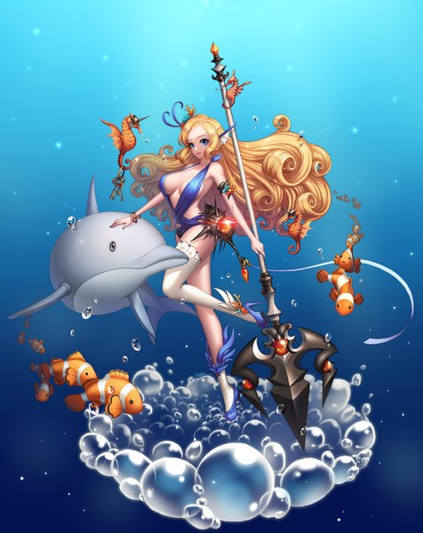 Anime picture 1000x1261 with original ango single long hair tall image looking at viewer breasts blue eyes light erotic blonde hair underwater girl thighhighs hair ornament animal white thighhighs bubble (bubbles) fish (fishes) single thighhigh trident