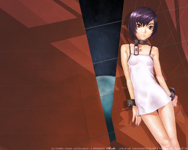 Anime picture 1280x1024 with tagme (copyright) tagme (character) hakua ugetsu short hair purple hair bare legs girl dress choker bracelet white dress