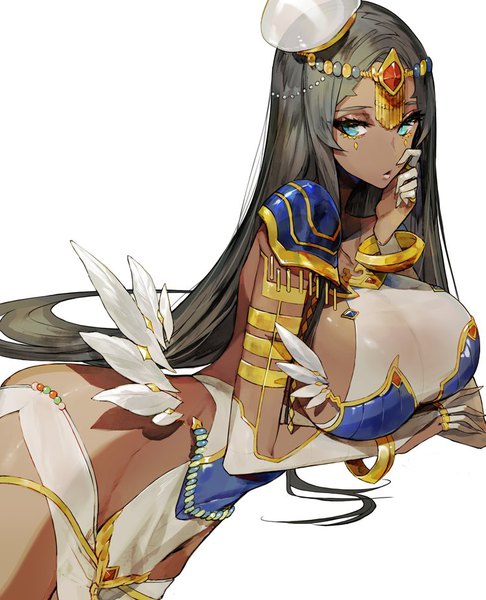 Anime picture 750x926 with fate (series) fate/grand order scheherazade (fate) mo (mocopo) single tall image breasts light erotic black hair simple background white background very long hair aqua eyes huge breasts sideboob dark skin groin breast hold hand on cheek girl