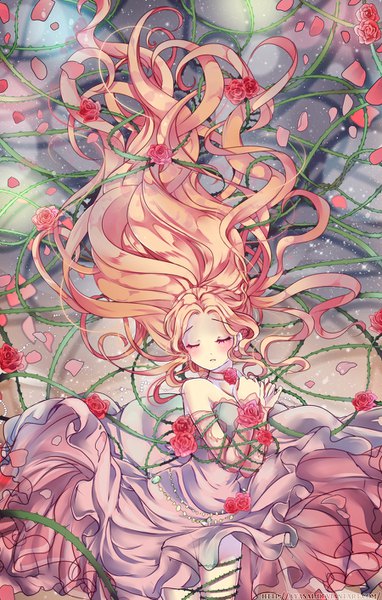Anime picture 900x1410 with original ayasal single long hair tall image blonde hair bare shoulders signed eyes closed orange hair sleeveless sleeping bondage girl dress flower (flowers) plant (plants) petals rose (roses) red rose