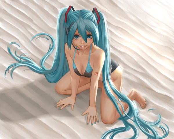 Anime picture 1280x1024 with vocaloid hatsune miku urushizawa takayuki single looking at viewer fringe breasts light erotic smile hair between eyes twintails full body very long hair nail polish barefoot aqua eyes from above aqua hair arm support grin