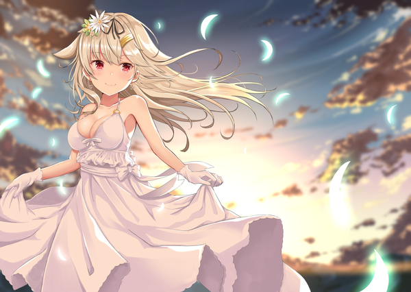 Anime picture 1500x1066 with kantai collection yuudachi destroyer akino ell single long hair looking at viewer blush breasts light erotic blonde hair smile red eyes standing bare shoulders sky cleavage cloud (clouds) outdoors hair flower wind