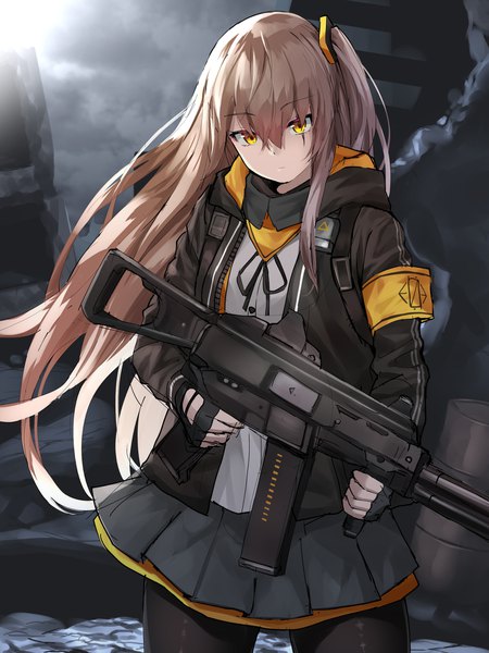 Anime picture 1500x2000 with girls frontline ump45 (girls frontline) oekakizuki single long hair tall image looking at viewer fringe hair between eyes brown hair standing holding yellow eyes payot pleated skirt wind open jacket one side up light scar