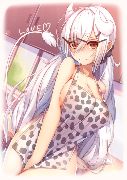 Anime picture 2000x2829 with original if (asita) single long hair tall image looking at viewer blush fringe highres breasts light erotic smile hair between eyes large breasts twintails bare shoulders brown eyes silver hair indoors tail