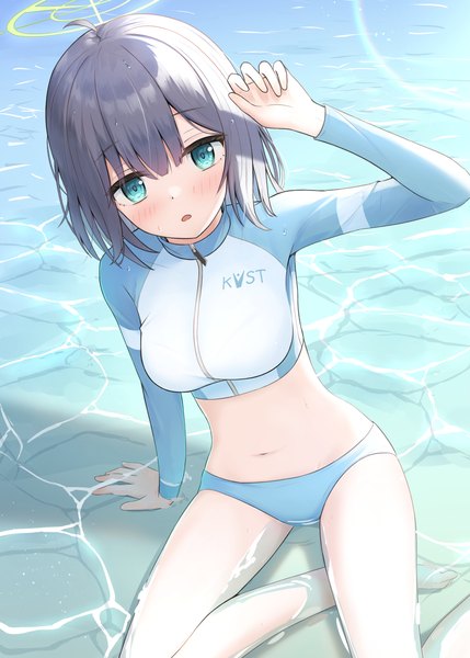 Anime picture 2591x3624 with blue archive saki (blue archive) saki (swimsuit) (blue archive) cpk prd single tall image blush fringe highres short hair light erotic hair between eyes sitting ahoge arm up aqua eyes from above grey hair arm support partially submerged