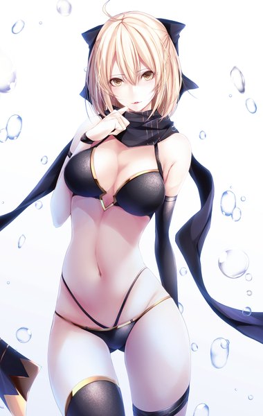 Anime picture 1393x2200 with fate (series) fate/grand order okita souji (fate) (all) okita souji (swimsuit assassin) (fate) yoaferia single tall image looking at viewer blush fringe short hair breasts light erotic simple background blonde hair hair between eyes large breasts standing white background bare shoulders