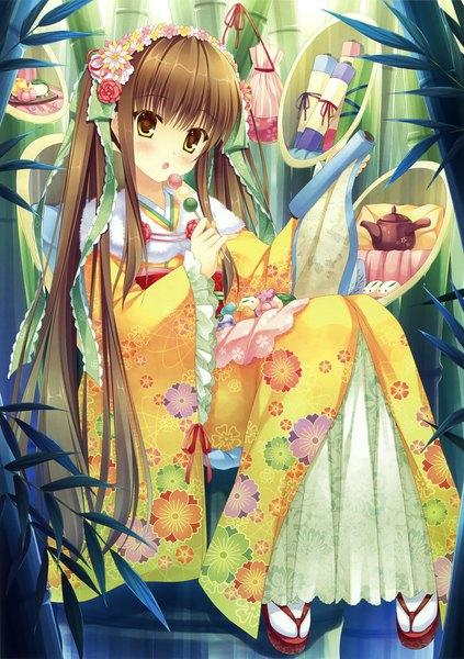 Anime picture 2594x3682 with takano yuki (allegro mistic) single long hair tall image blush highres brown hair yellow eyes traditional clothes japanese clothes scan girl flower (flowers) food sweets kimono wagashi fur-trimmed kimono dango