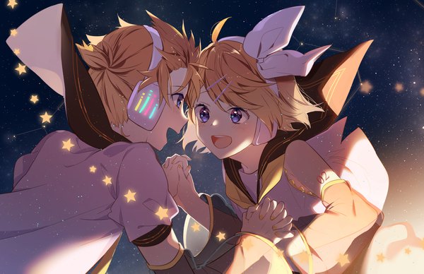 Anime picture 2317x1500 with vocaloid kagamine rin kagamine len omutatsu highres short hair open mouth blue eyes blonde hair ponytail holding hands face to face siblings eye contact twins sailor collar brother and sister constellation girl boy