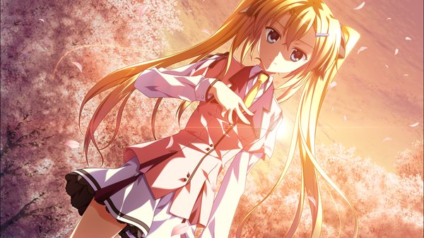 Anime picture 1278x718 with supipara amano angeline hotaru nanao naru long hair blue eyes blonde hair wide image twintails game cg cherry blossoms girl uniform ribbon (ribbons) plant (plants) hair ribbon school uniform petals tree (trees)
