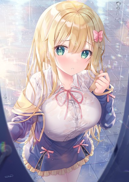 Anime picture 919x1300 with original sousouman single long hair tall image looking at viewer blush fringe breasts light erotic blonde hair hair between eyes large breasts standing green eyes signed outdoors blunt bangs long sleeves from above