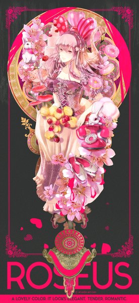 Anime picture 750x1625 with original yuu (arcadia) single long hair tall image looking at viewer pink hair pink eyes cherry blossoms dark background girl dress flower (flowers) animal food heart fruit bunny phone lolita hairband