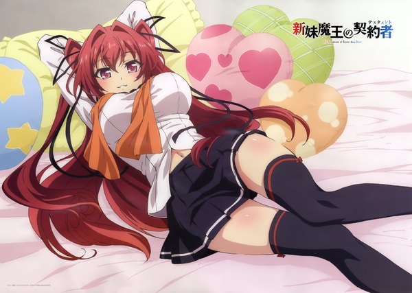 Anime picture 4813x3426 with shinmai maou no testament production ims naruse mio single long hair blush highres light erotic smile red eyes absurdres red hair scan girl thighhighs skirt uniform ribbon (ribbons) black thighhighs hair ribbon
