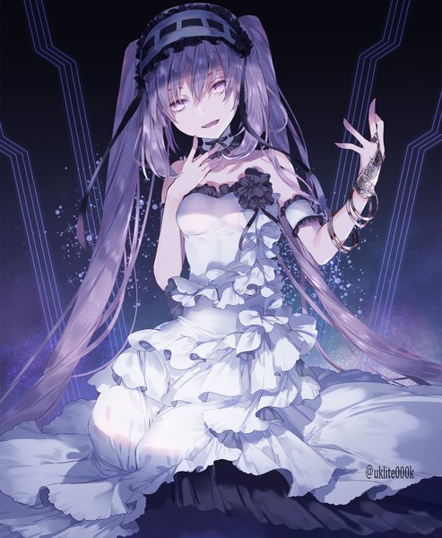 Anime picture 1500x1826 with fate (series) fate/hollow ataraxia stheno yuuki kira single long hair tall image looking at viewer fringe breasts open mouth smile hair between eyes sitting purple eyes twintails bare shoulders signed payot purple hair