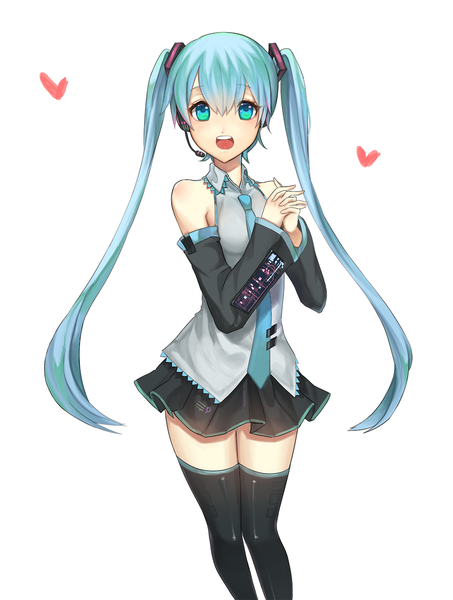 Anime picture 1000x1323 with vocaloid hatsune miku kim eb single long hair tall image looking at viewer fringe open mouth simple background standing white background twintails bare shoulders aqua eyes aqua hair zettai ryouiki hands clasped girl thighhighs