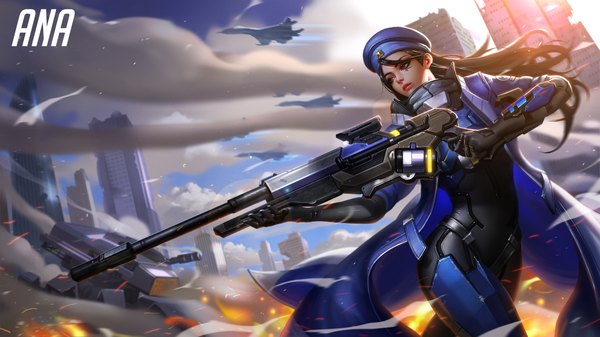 Anime picture 9000x5063 with overwatch blizzard entertainment ana (overwatch) captain amari liang xing single long hair highres black hair wide image standing holding brown eyes signed absurdres sky cloud (clouds) parted lips wind realistic