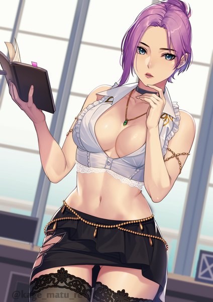 Anime picture 1736x2456 with dead or alive elise (doa) kagematsuri single tall image looking at viewer fringe highres short hair breasts blue eyes light erotic large breasts standing holding signed pink hair parted lips midriff hair bun (hair buns)