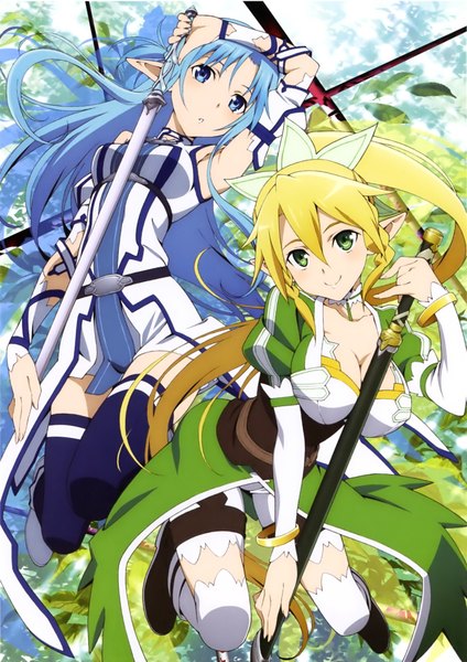 Anime picture 1601x2267 with sword art online a-1 pictures yuuki asuna leafa asuna (sao-alo) long hair tall image looking at viewer blue eyes blonde hair smile multiple girls green eyes blue hair ponytail pointy ears scan official art girl thighhighs