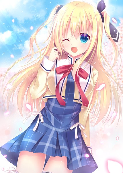 Anime picture 600x839 with da capo iii morizono rikka mizuse sakua single long hair tall image fringe open mouth blue eyes blonde hair hair between eyes sky cloud (clouds) outdoors one eye closed sparkle two side up cherry blossoms lens flare ;d
