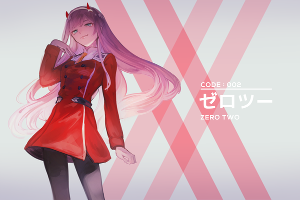 Anime picture 1200x802 with darling in the franxx studio trigger zero two (darling in the franxx) k (sktchblg) single long hair looking at viewer green eyes pink hair horn (horns) light smile grey background from below character names floating hair girl uniform pantyhose black pantyhose headband