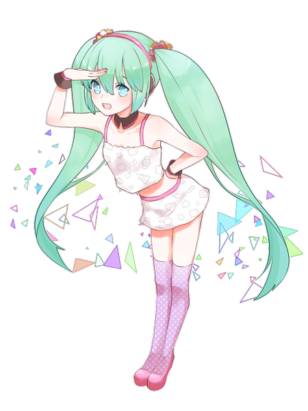 Anime picture 1200x1600 with vocaloid redial (vocaloid) hatsune miku marin (myuy 3) single tall image looking at viewer open mouth blue eyes twintails full body very long hair aqua hair hand on hip transparent background polka dot girl thighhighs skirt miniskirt